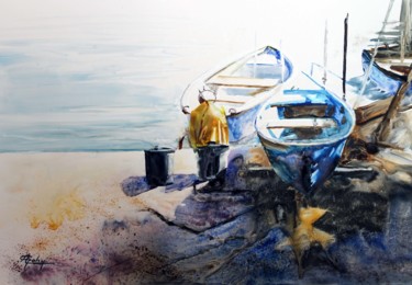 Painting titled "Le coin des pêcheurs" by Adyne Gohy, Original Artwork, Watercolor