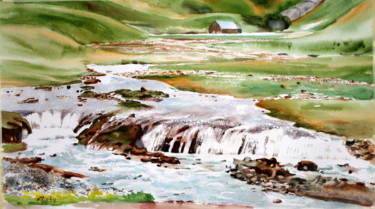 Painting titled "Une belle vallée da…" by Adyne Gohy, Original Artwork, Watercolor