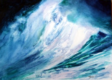 Peinture intitulée "Pleine lune en mer" par Adyne Gohy, Œuvre d'art originale, Aquarelle