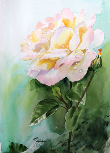 Painting titled "Rose perlée de rosée" by Adyne Gohy, Original Artwork, Watercolor