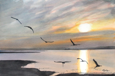 Painting titled "Au Lac du Der" by Adyne Gohy, Original Artwork, Watercolor