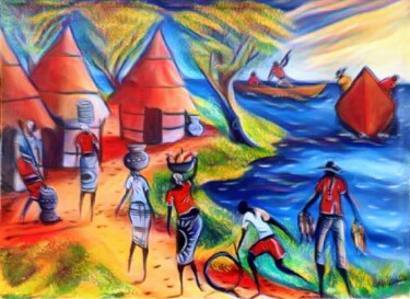 Цифровое искусство под названием "Fishermen Village I…" - Aeidy Kassimba, Подлинное произведение искусства, Цифровая живопись