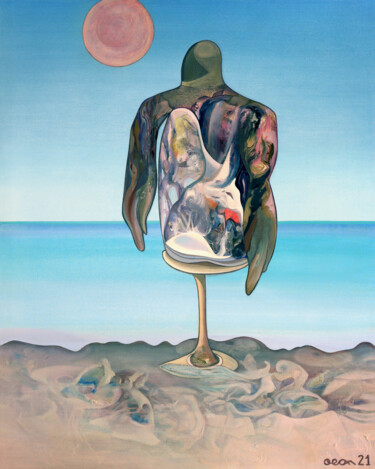 Painting titled "Man On The Beach" by Aeon, Original Artwork, Oil Mounted on Wood Stretcher frame
