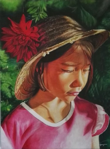 Peinture intitulée "Jeune fille au chap…" par Anne-Sophie Nguyen, Œuvre d'art originale, Acrylique