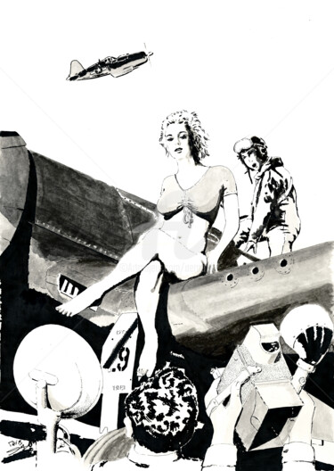 Corsair F4U Drawing titled "Corsair F4U" by Thibault Cernaix, Original Art, Ink