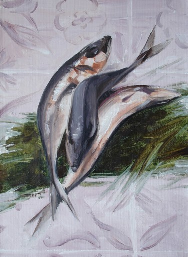 Painting titled "FISH ON THE TABLE" by Vale Ovchinnikov, Original Artwork, Oil