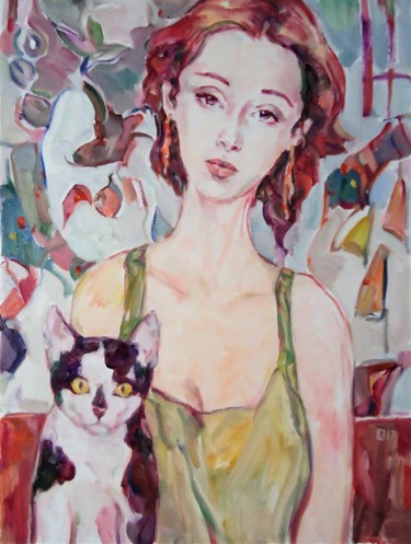 Painting titled "woman 89 / with a c…" by Vale Ovchinnikov, Original Artwork, Oil