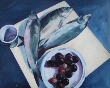 Painting titled "FISH ON THE TABLE 2" by Vale Ovchinnikov, Original Artwork, Oil