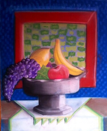 Drawing titled "Silver Bowl of Frui…" by Afaf Khalil, Original Artwork, Pastel