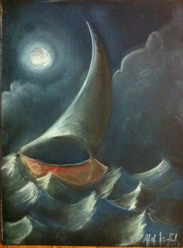 Drawing titled "The lost sailboat" by Afaf Khalil, Original Artwork, Pastel