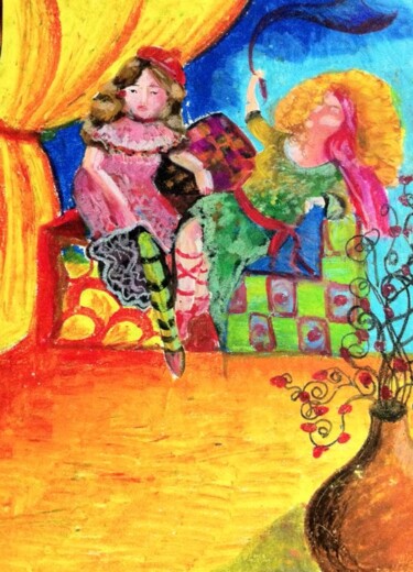 Painting titled "The Gypsies" by Afaf Khalil, Original Artwork, Pastel Mounted on Wood Stretcher frame