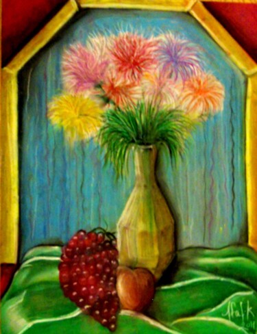 Painting titled "Grapes over Silk" by Afaf Khalil, Original Artwork, Pastel