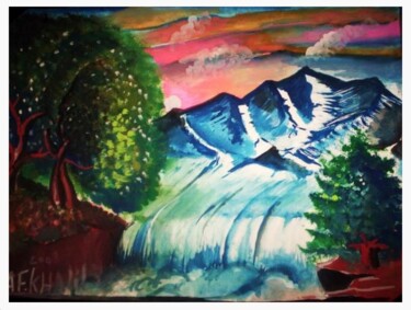 Painting titled "The Waterfall" by Afaf Khalil, Original Artwork, Watercolor