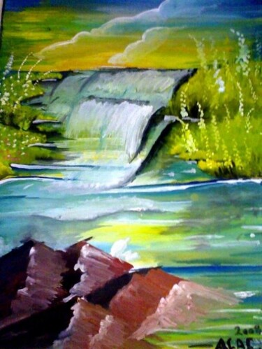 Painting titled "Smooth Waterfall" by Afaf Khalil, Original Artwork, Gouache