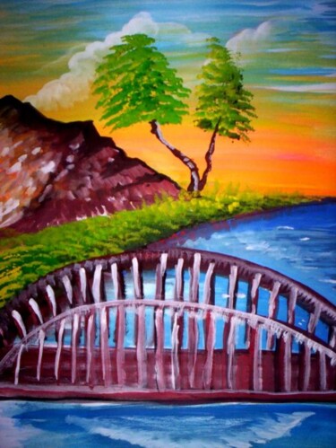 Painting titled "Crossing the River…" by Afaf Khalil, Original Artwork, Gouache