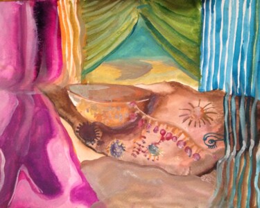 Painting titled "Inside the Tent" by Afaf Khalil, Original Artwork, Watercolor