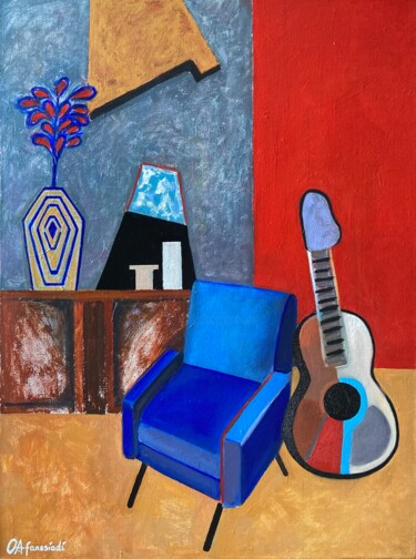 Painting titled "Interior with blue…" by Olga Afanasiadi, Original Artwork, Oil Mounted on Wood Stretcher frame