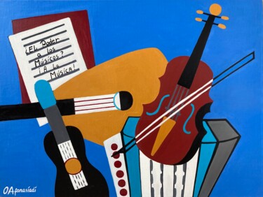Painting titled "Stillife with music…" by Olga Afanasiadi, Original Artwork, Oil Mounted on Wood Stretcher frame