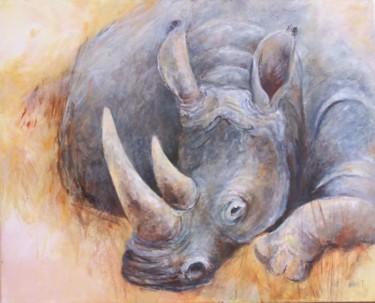 Painting titled "Marma.. le Rhino!" by Anne-Frédérique Ferret, Original Artwork, Oil