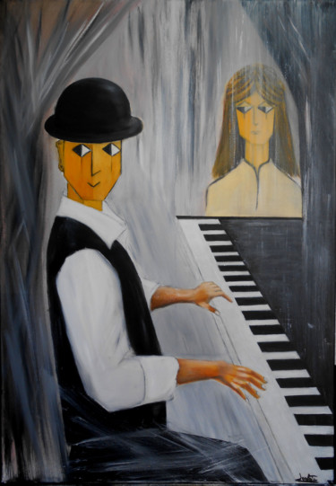 Painting titled "Le Pianiste" by Annie Fontaine, Original Artwork, Oil Mounted on Wood Stretcher frame