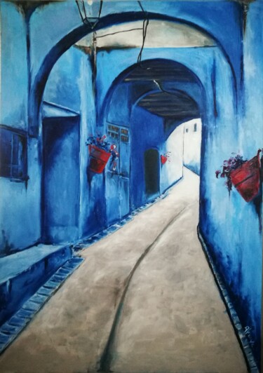 Peinture intitulée "pueblo azul" par África Gil, Œuvre d'art originale, Huile
