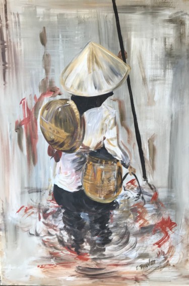 Painting titled "pêcheur vietnamien" by Christine Daviles, Original Artwork, Acrylic