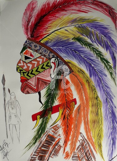 Schilderij getiteld "Red Indian WHITE" door Afzal Shaikh, Origineel Kunstwerk, Acryl