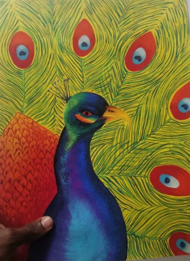 Malerei mit dem Titel "peacock Painting Wa…" von Agasthi Wijesinghe, Original-Kunstwerk, Aquarell