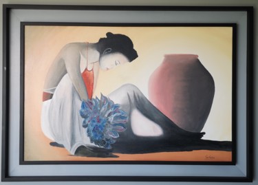 Malerei mit dem Titel "fleurs de lotus" von Yvon Bourven, Original-Kunstwerk, Öl