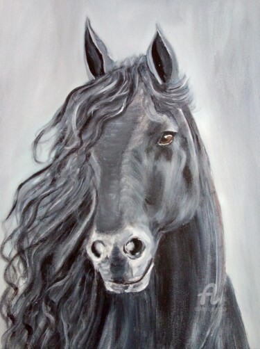 Malarstwo zatytułowany „Koń fryzyjski” autorstwa Agata Małgorzata Klos, Oryginalna praca, Akryl Zamontowany na Panel drewnia…