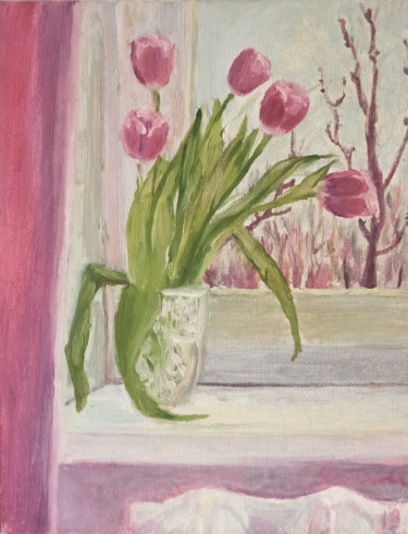Картина под названием "Тюльпаны на апрельс…" - Agatha Ya Sokolova, Подлинное произведение искусства, Масло
