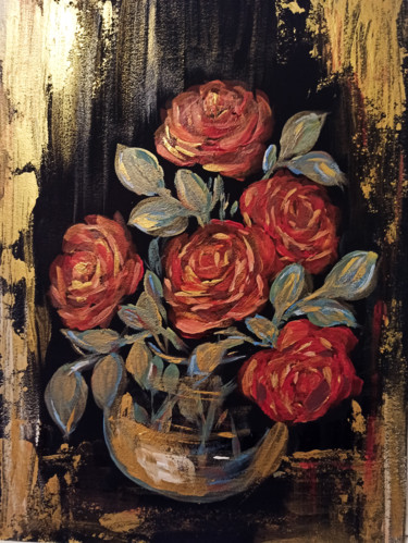 Pittura intitolato "Grandes roses en or" da Agatha Ya Sokolova, Opera d'arte originale, Acrilico