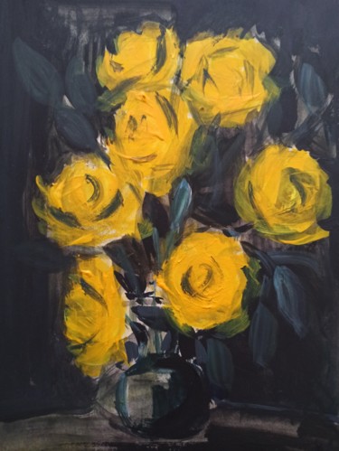 Painting titled "Yellow roses on gray" by Agatha Ya Sokolova, Original Artwork, Acrylic