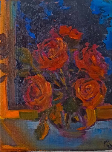 Painting titled "Roses at night" by Agatha Ya Sokolova, Original Artwork, Oil Mounted on Wood Stretcher frame