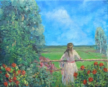 Painting titled "There's a hedge." by Agatha Ya Sokolova, Original Artwork, Oil Mounted on Wood Stretcher frame