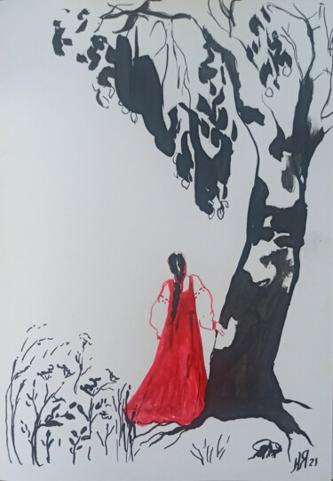 Tekening getiteld "Red sundress" door Agatha Ya Sokolova, Origineel Kunstwerk, Inkt