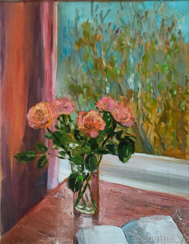 Painting titled "Roses on the May Wi…" by Agatha Ya Sokolova, Original Artwork, Oil Mounted on Wood Stretcher frame