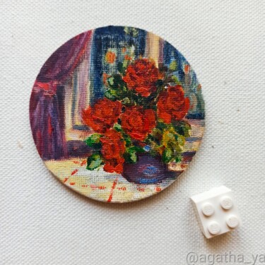 Painting titled "Roses on the window…" by Agatha Ya Sokolova, Original Artwork, Oil Mounted on Wood Panel