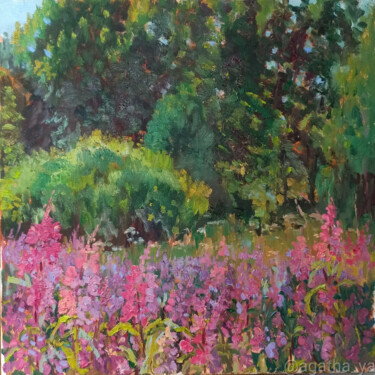 Painting titled "Fireweed en plein a…" by Agatha Ya Sokolova, Original Artwork, Oil Mounted on Wood Stretcher frame