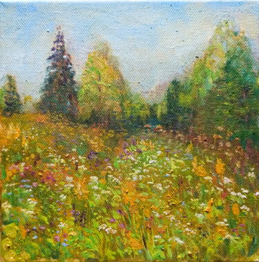 Schilderij getiteld "Evening meadow" door Agatha Ya Sokolova, Origineel Kunstwerk, Olie Gemonteerd op Frame voor houten bran…