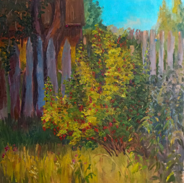Painting titled "Currant bush at sun…" by Agatha Ya Sokolova, Original Artwork, Oil Mounted on Wood Stretcher frame