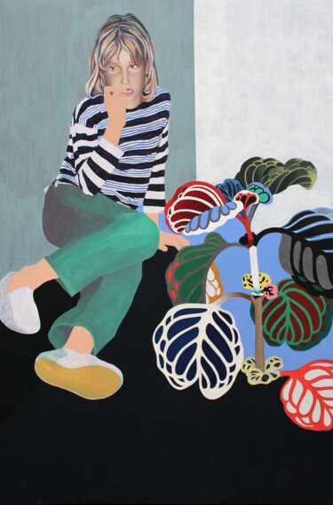Painting titled "Jeune fille à la pl…" by Agathe Demoulin, Original Artwork, Acrylic Mounted on Wood Stretcher frame