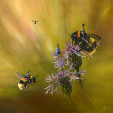 Painting titled "Bumblebee flight" by Agata Buczek, Original Artwork, Oil Mounted on Wood Stretcher frame