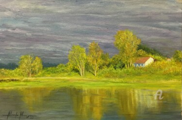 Painting titled "Light on the lake" by Alexandre George, Original Artwork, Oil Mounted on Cardboard