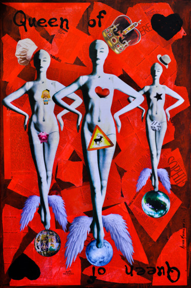 Collages titled "Queen of hearts" by Aggela Mavroidi, Original Artwork, Collages Mounted on Wood Panel
