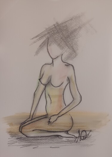 Dibujo titulada "La nudité à genoux" por Agl, Obra de arte original, Acuarela