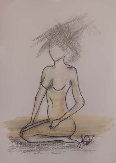 Drawing titled "La nudité à genoux" by Agl, Original Artwork, Watercolor