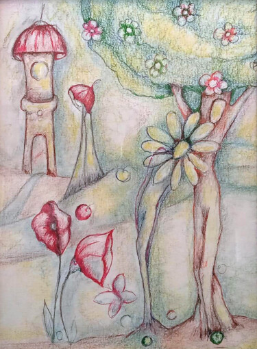 Рисунок под названием "L'Arbre de la Conso…" - Agnès Berlingieri, Подлинное произведение искусства, Цветные карандаши