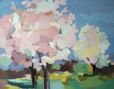 Painting titled "Arbres de printemps" by Agnès Cellérier, Original Artwork, Oil