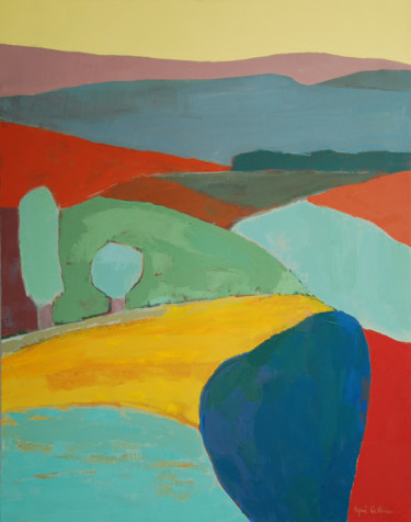 Malerei mit dem Titel "Au loin la montagne…" von Agnès Cellérier, Original-Kunstwerk, Öl